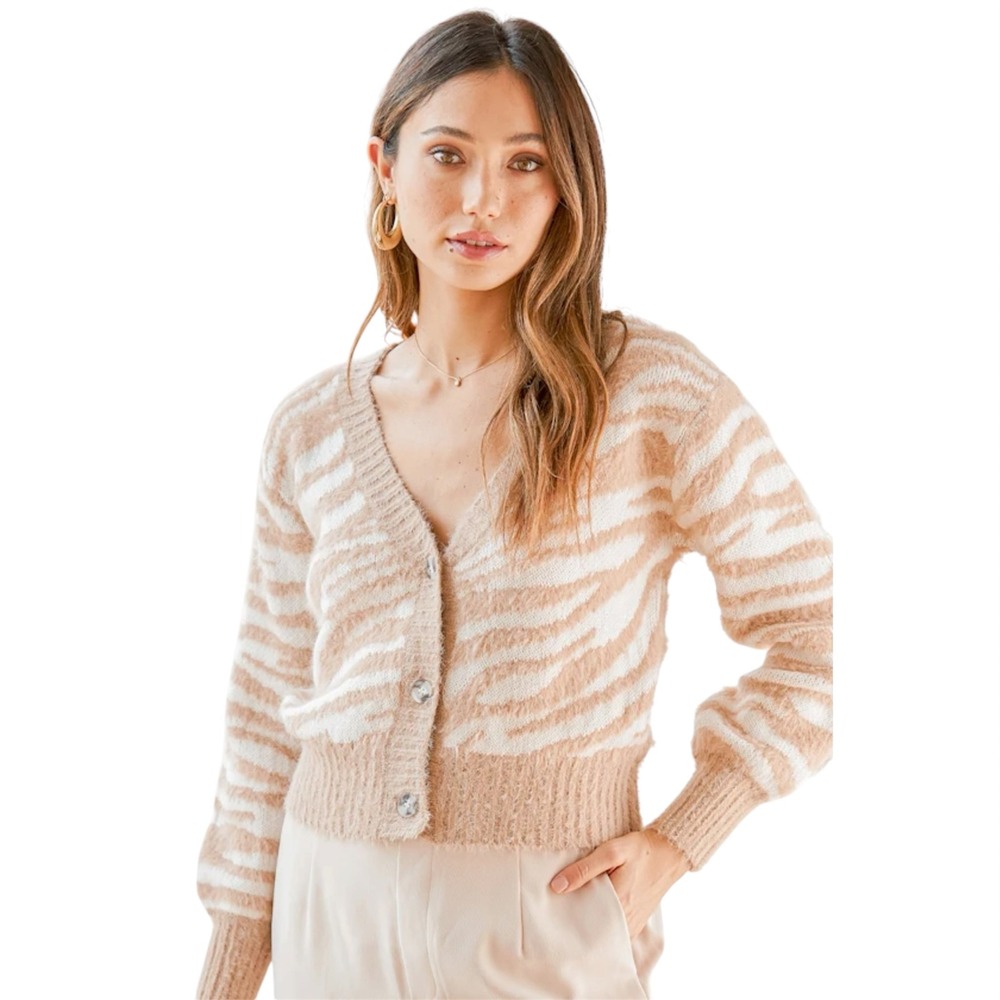 Lulus Zebra Print Fuzzy Eyelash Knit Cardigan Sweater Tan White XS Animal print